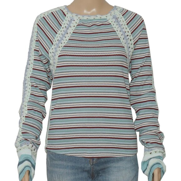 Free People Sunny Day Cuff Striped Printed Crochet Fitted Top XL - Picture 3 of 7